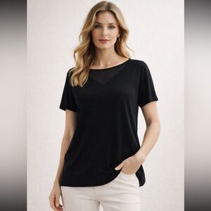 Tahari Black Mesh-Inset Short Sleeve Top — Size M